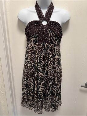 Kookai Brown and Cream Halter Ring-Front Printed mini  Dress